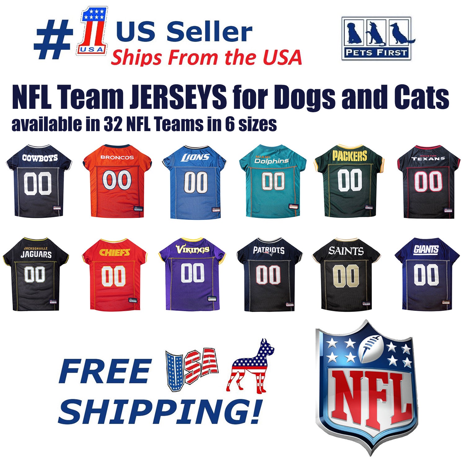 Pets First NFL Licensed Jersey for Dogs & Cats - Available in 32 Teams 7 Sizes
